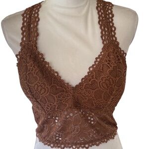 Brown lace stretchy racer back bra feminine flirty long line XL